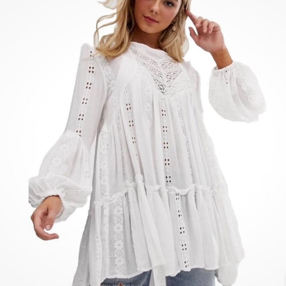 Free People White Lace Kiss Kiss Biho Tunic